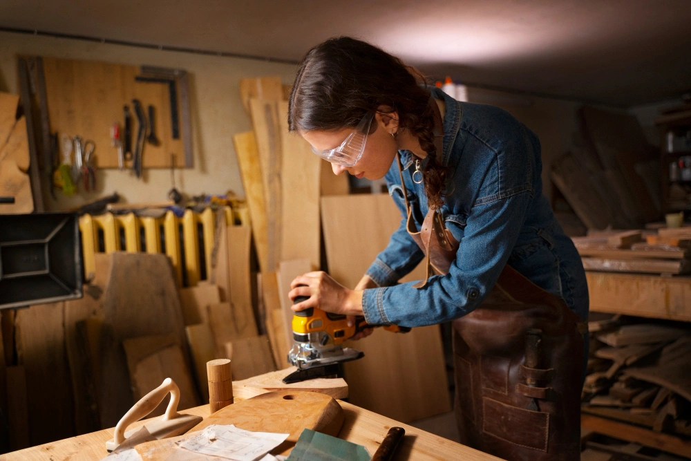 Female carpenter using power tool on custom furniture in Dallas