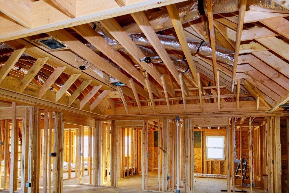 Interior wall framing and ceiling joist installation during home construction in Dallas Texas
