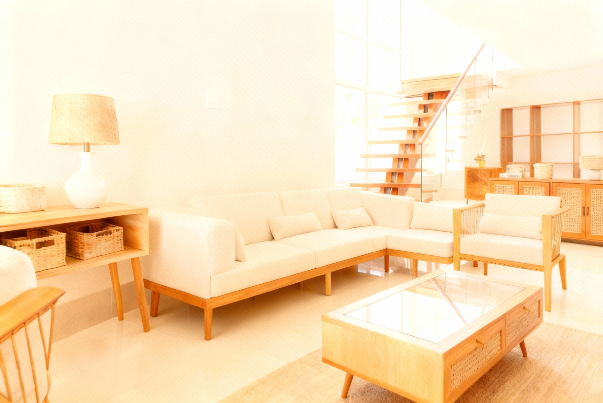 Custom-designed living room furniture with natural wood finishes built by Carpenters Dallas