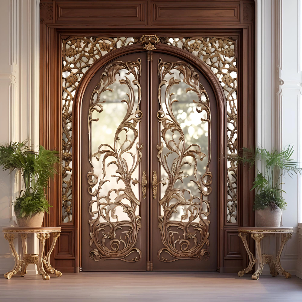 Luxury double entry doors with ornate gold wood carvings and glass panels